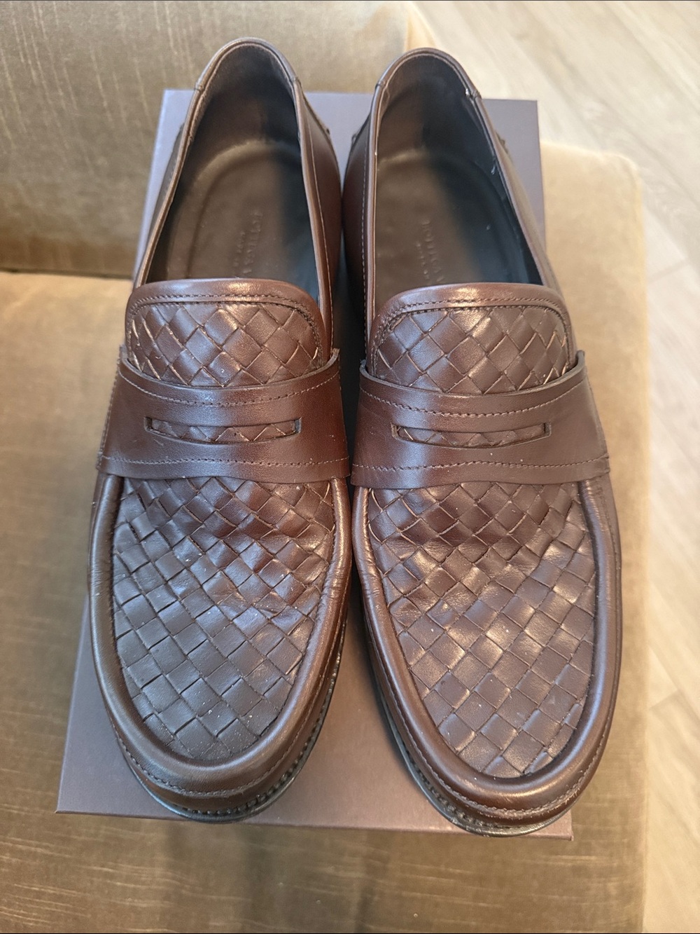 Bottega Venetia Brown Woven Leather Penny Loafers